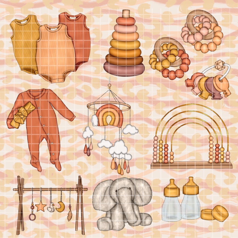 May include: A collection of baby nursery decor items in a boho style.  The items include a wooden stacking toy, a rainbow mobile, a wooden abacus, a stuffed elephant, a wooden toy rack, and two baby bottles.