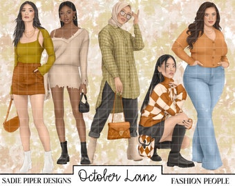 May include: Illustration of six diverse figures in fall fashion. The image features a variety of outfits, including skirts, sweaters, and button-down shirts, in a palette of warm autumn colors. The text "October Lane" and "Fashion People" are visible.