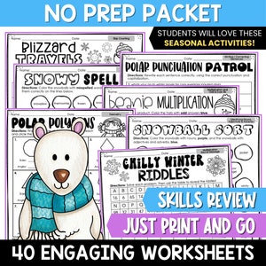 Winter Math and Literacy Worksheets for 3rd Grade, NO PREP 3rd Grade Winter, sadie piper designs