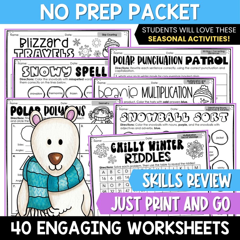Winter Math and Literacy Worksheets for 3rd Grade, NO PREP 3rd Grade Winter, sadie piper designs