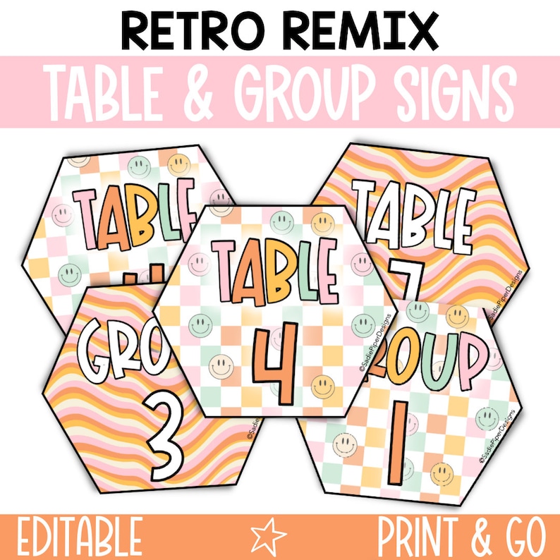 May include: Editable retro-themed table and group signs with a wavy orange, pink, and white pattern and a checkered pattern with smiley faces. The signs are hexagonal and feature the words "Table" and "Group" with numbers 1 through 7.