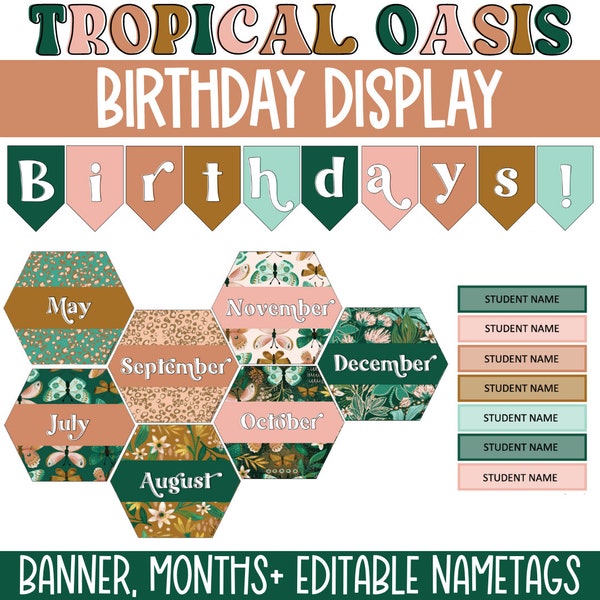 Birthday Display for Classroom, Bulletin Board Birthday Display, Editable Birthday Display, Tropical Classroom Decor, Printable Poster