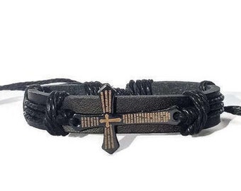 Black Leather Cross Bracelet / Leather String Bracelet / Leather Religious Cross Charm Adjustable Bracelet / Cross Pendant / Gift for Him