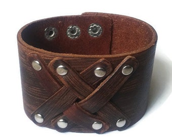 Brown Genuine Leather Cuff, Mens Bracelet, Womens Bracelet, Criss Cross Leather Cuff Bracelet, Mens Jewelry, Textured Bracelet, Large Cuff
