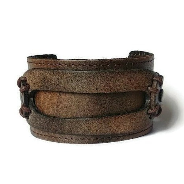 Thick Genuine Leather Rustic Style Wide Cuff Bracelet for Men or Women, Leather Anniversary Gift, Leather Christmas Gift