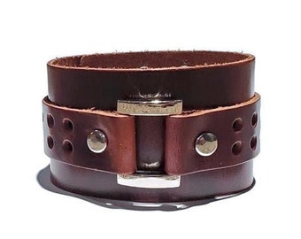 Wide Leather Cuff Bracelet with Buckle, Mens Wristband