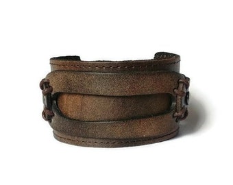 Thick Genuine Leather Rustic Style Wide Cuff Bracelet for Men or Women, Leather Anniversary Gift, Leather Christmas Gift