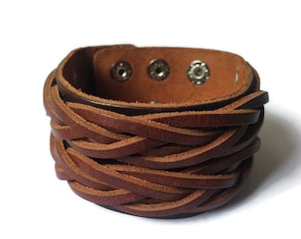 Braun geflochtenes Leder Arm Manschette Armband, verstellbarer Edelstahl Verschluss