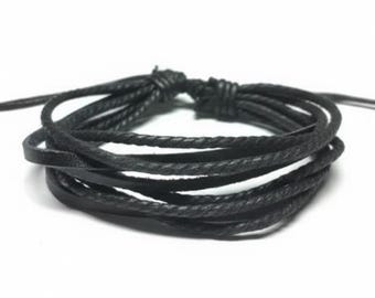 Adjustable Black Leather Cord Bracelet, Hemp Rope Jewelry