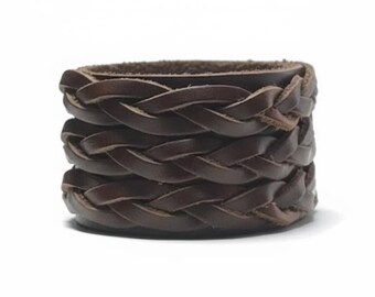 Handmade Braided Leather Cuff Bracelet, Mens Womens Rustic Wristband, Unisex Boho Wrap Bracelet