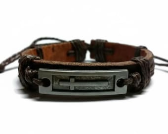 Leather Cross Bracelet, Hemp Cord, Christian Jewelry