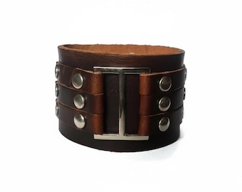 Oversized Brown Leather Cuff Bracelet, Mens Buckle Wristband