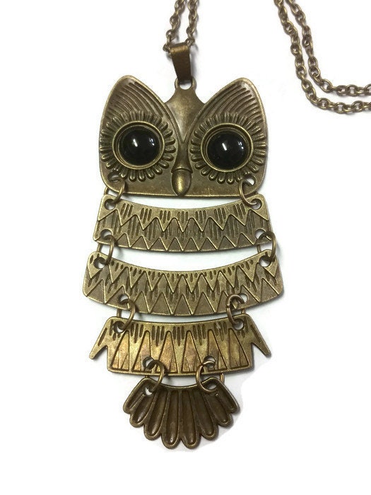 Long Owl Necklace, Ancient Jewelry Statement Necklace, Gold Necklace with Owl Pendant, Night Owl Jew