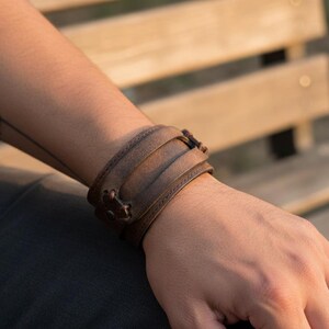 Men's Wide Leather Cuff Bracelet | Brown Genuine Leather Snap Wristband | Anniversary Gift for Him image 2
