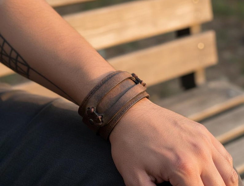 Men's Wide Leather Cuff Bracelet | Brown Genuine Leather Snap Wristband | Anniversary Gift for Him image 2