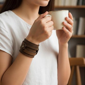 Men's Wide Leather Cuff Bracelet | Brown Genuine Leather Snap Wristband | Anniversary Gift for Him image 3