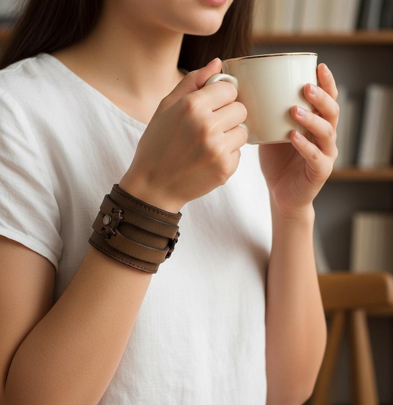 Men's Wide Leather Cuff Bracelet | Brown Genuine Leather Snap Wristband | Anniversary Gift for Him image 3