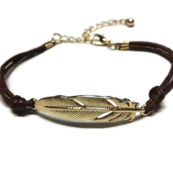 Bracelet plume Bracelet bracelet en cuir Wrap Bracelet Simple Cuir Brun Bracelet Anniversaire Chaîne cadeau Bracelet Chaîne Lien Bronze Cadeau pour elle