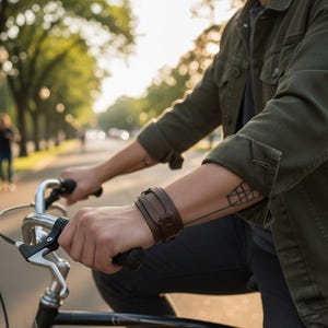 Men's Wide Leather Cuff Bracelet | Brown Genuine Leather Snap Wristband | Anniversary Gift for Him image 4