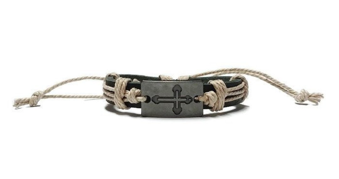 Black Leather Cross Bracelet, Cross String Bracelet Gift for Him, Cross Charm Bracelet