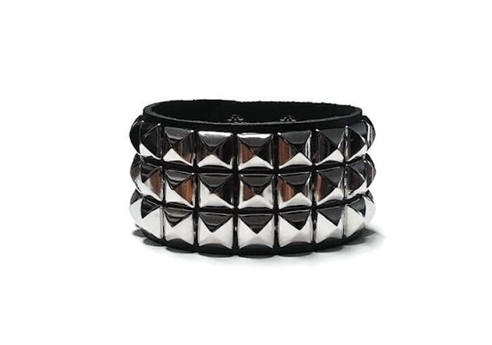 Silver Studded Black Leather Cuff Bracelet, Punk Rock Jewelry - Etsy
