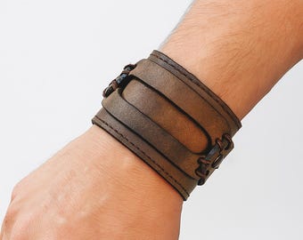 Men's Wide Leather Cuff Bracelet | Brown Genuine Leather Snap Wristband | Anniversary Gift for Him