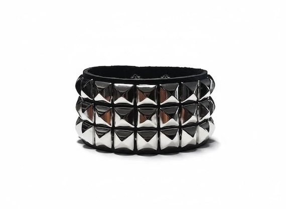 Silver Studded Black Leather Cuff Bracelet, Punk Rock Jewelry - Etsy
