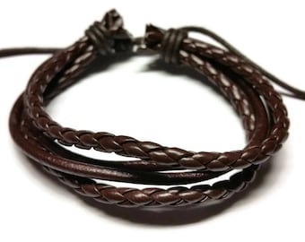 Braided Brown Leather Cord Bracelet - Adjustable Wrap Cuff