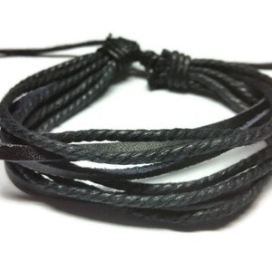 Black Adjustable Leather Cord Bracelet / Black String Bracelet / Men's and Women's Rope Bracelet / Anniversary Gift for Her / Gift for Him