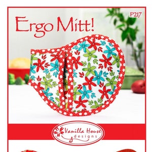 Puede incluir: Un par de guantes para horno rojos y blancos con un patrón floral. Los guantes están diseñados para usarse con el pulgar en el exterior del guante. El texto "Ergo Mitt!" está en la parte superior de la imagen. El texto "¡Zurdo!" está debajo del guante izquierdo. El texto "¡Diestro!" está debajo del guante derecho. El texto "¡No pongas el pulgar en la tarta!" está en la parte inferior de la imagen.