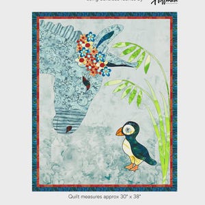 May include: A quilt pattern featuring a stylized donkey with floral accents and a puffin. The quilt measures approximately 30" x 38". The design includes the text "Donkey & Puff" and "Gourmet Quilter".