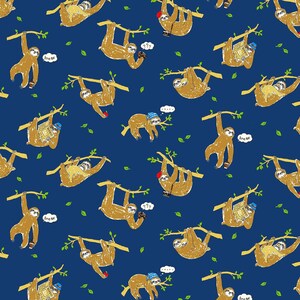 May include: A seamless pattern featuring sloths in various poses on branches against a dark blue background. The sloths are depicted in a cartoon style with brown fur and are holding items like coffee cups, newspapers, and binoculars. The pattern includes green leaves and the text "break".