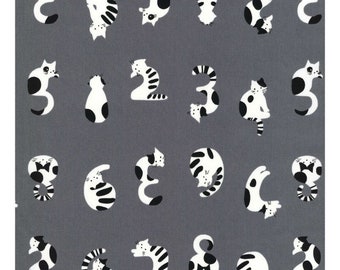 Cat Numbers Cotton Oxford Fabric, Kokka Japan, Gray