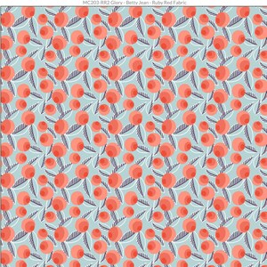 May include: A seamless pattern featuring a repeating design of coral red circles with white outlines and dark blue leaves on a light blue background.