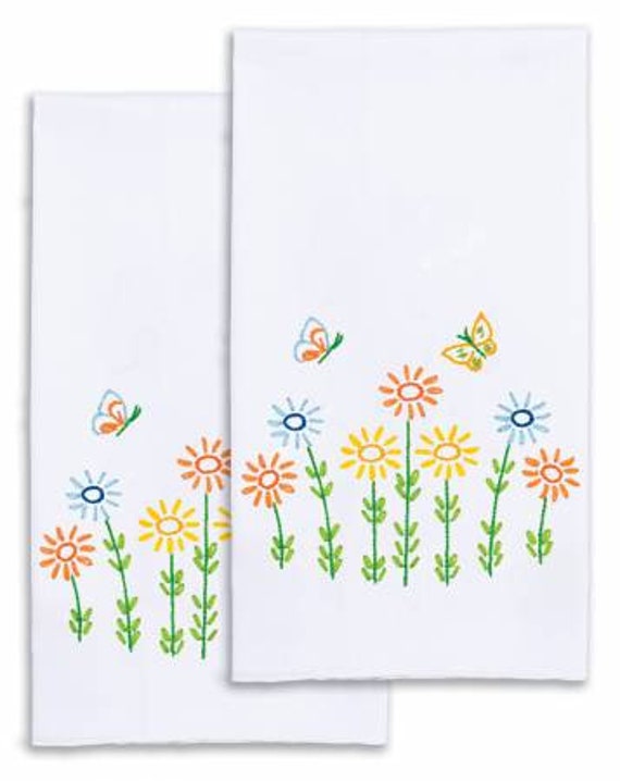 刺繍入り花柄ハンドタオルセット、ポリコットン（17インチ×28インチ