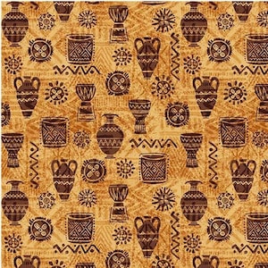 May include: A seamless pattern featuring a variety of brown and gold geometric shapes, including vases, drums, and stars. The background is a light brown color.