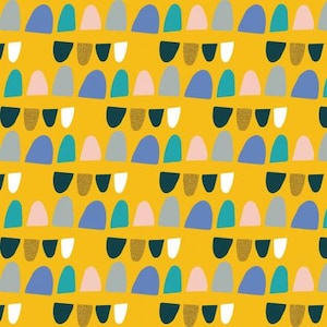 May include: A seamless pattern featuring a repeating design of abstract shapes in shades of blue, teal, pink, gray, and gold on a yellow background.