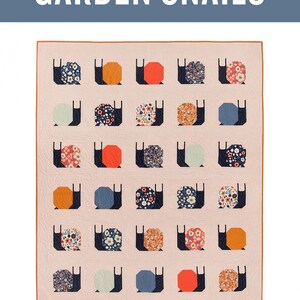 May include: A quilt pattern featuring a design of snails with colorful shells and floral patterns on a pink background. The pattern is titled "Garden Snails" and is described as a traditionally pieced quilt pattern for the intermediate sewist and up.