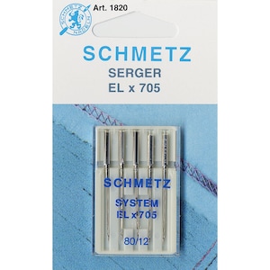 May include: A package of four silver sewing machine needles for a serger. The package is labeled "SCHMETZ SYSTEM EL x 705 80/12".