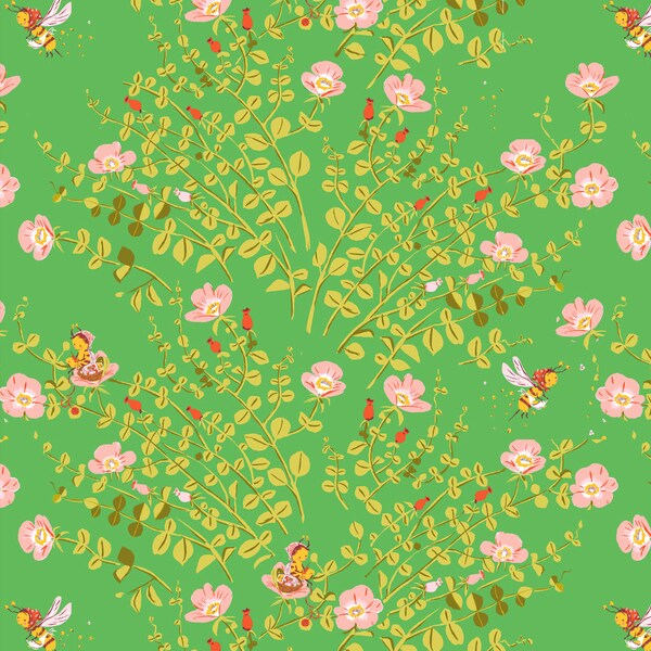 Heather Ross 20th Anniversary Green Nanny Bee By Windham Fabric