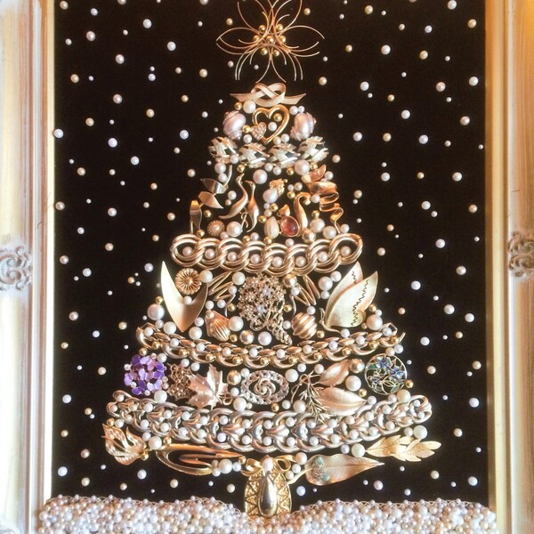 Vintage Jewelry Christmas Tree, "Large Magnificent Golden Christmas Tree in Snow"