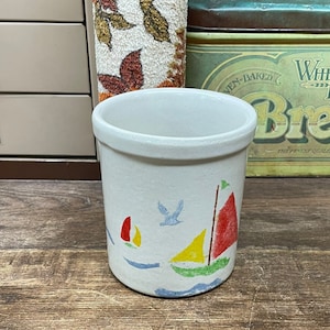 Vintage Roseville Pottery USA Crock – Sailboats, Lighthouse, Beach Scene, Retro Decor