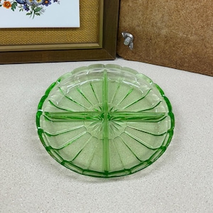 Vintage Vaseline Glass Dish Divided Dish Uranium Glass Green CottageCore Farmhouse Decor Trinket Dish Depression Glass