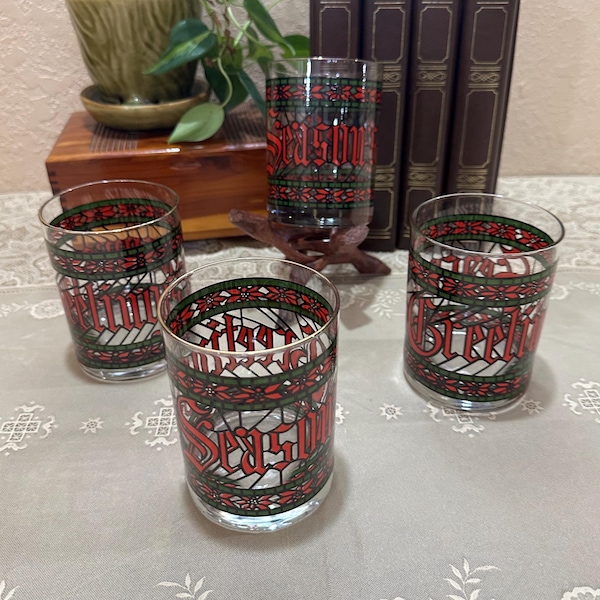 Vasos navideños vintage de estilo vintage con diseño de vidrieras y mensajes de felicitación: juego de 4