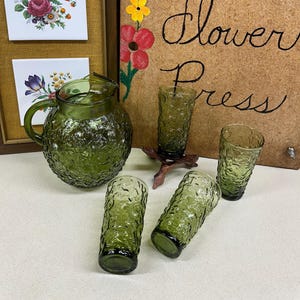 Vintage Drinking Glasses Pitcher Medium Water Glasses Lido Milano Anchor Hocking USA Avocado Olive Green Mid Century Crinkle Your Choice