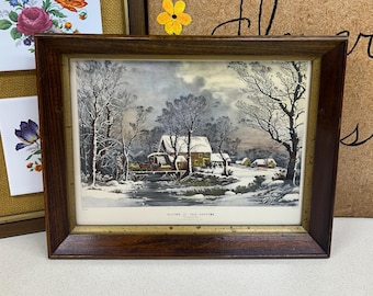 Vintage Currier & Ives Lithograph Print- Winter in the Country -The Old Grist Mill