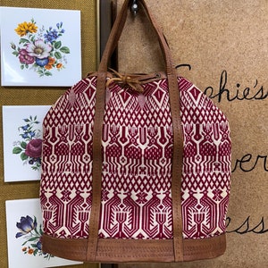 Vintage 1970s Woven Tote Bag: Red Burlap & Leather Handbag
