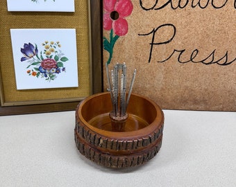 Vintage Nut Bowl Crackers & 6 Picks Wood Bowl Snack Serving Bowl Cottagecore Farmhouse Decor Fall Decor