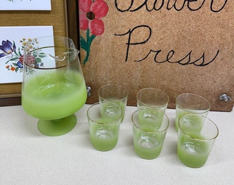 Vintage Blendo Beverage Set Drinkware Lime Green Frosted Ombre Blendo Glass Set of 7 Pieces Pitcher & 6 Lowball Cups