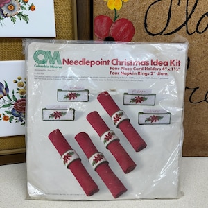 Kit Crewel Vintage Needlecraft Decoração de Natal Feito nos EUA Projeto de artesanato vintage Porta-guardanapos Cartões de lugar